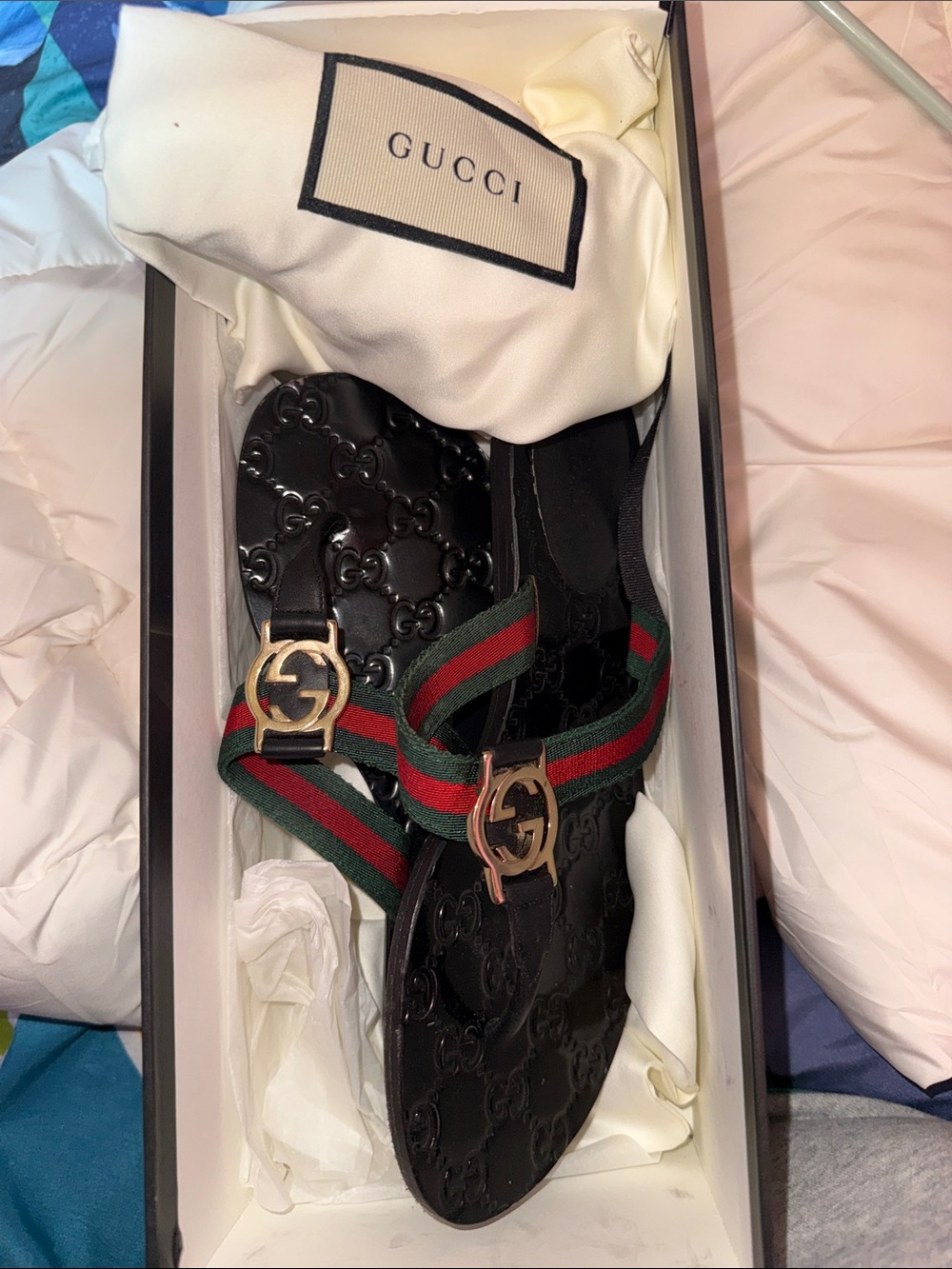 Gucci Black Leather Sandals with Green-Red Web & Gold GG